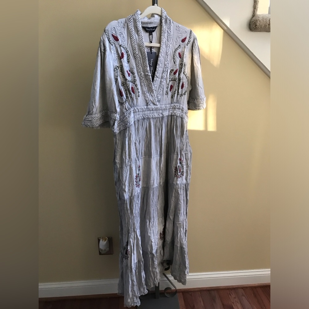 YOUNG THREADS NWT Dress Grey Wine Embroidery Maxi Gauze  Small medium large